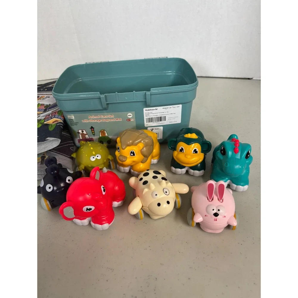 KiddieWorld Animal Cars‎ Set with Storage Bin and Play Mat 8+ Pieces Toddler Toy